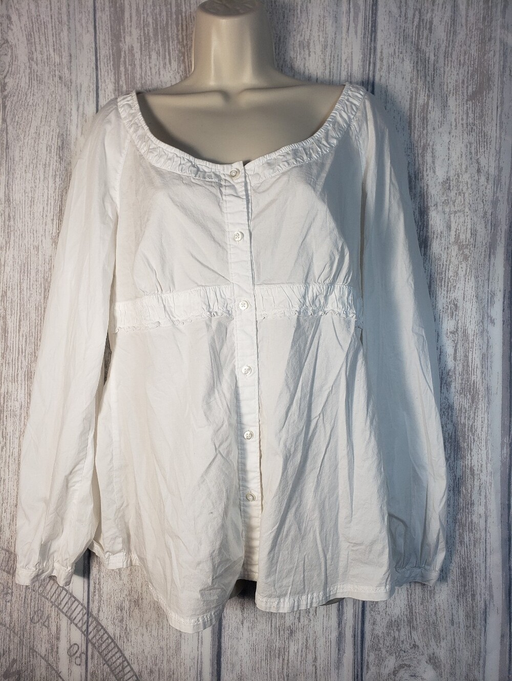 Esprit White Button-Front Peasant Shirt Empire Waist Long Sleeve Tunic Sz 14